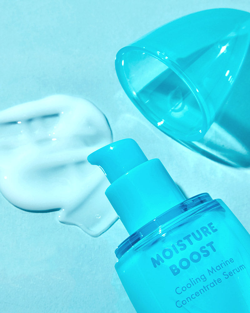 TONYMOLY Moisture Boost Cooling Marine Serum bottle picture, a close-up image with lid opened and some product next to it to show the smooth, creamy texture