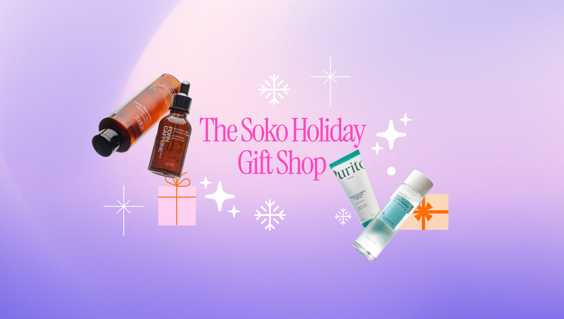 Cosmetic bottles with decorative elements on a gradient background, featuring 'The Soko Holiday Gift Shop'.