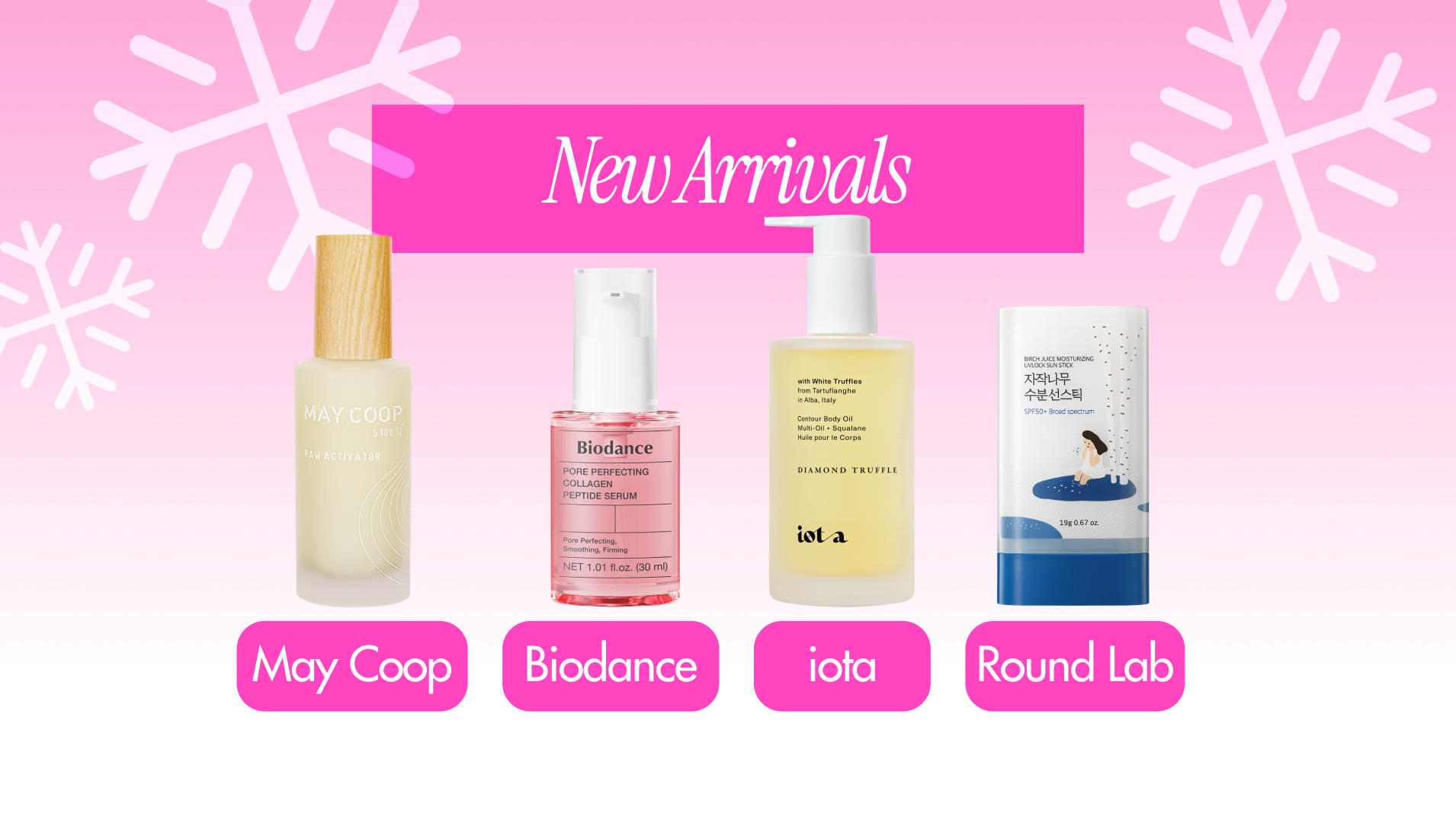 Four new arrival skincare products with brand names on a pink background with snowflake designs.