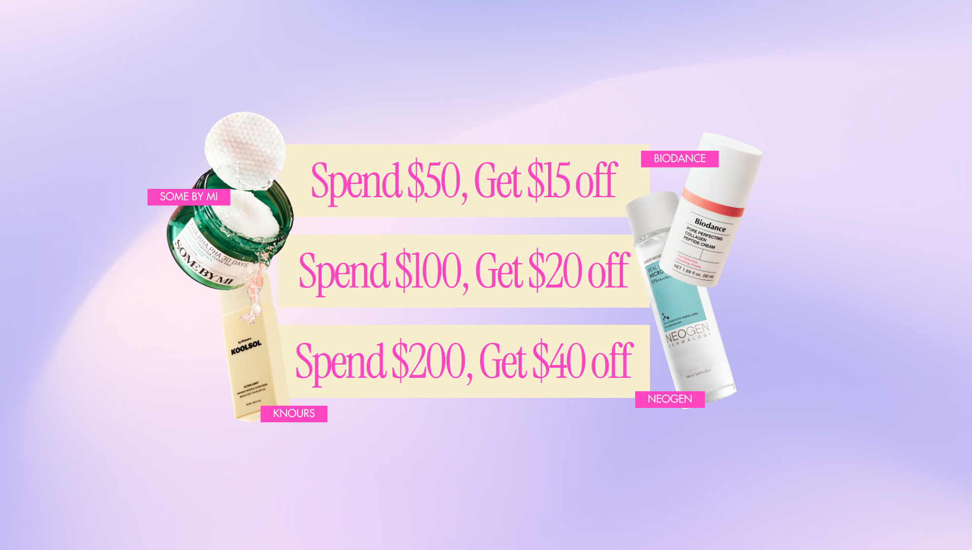 Cosmetic products with promotional text on a gradient background