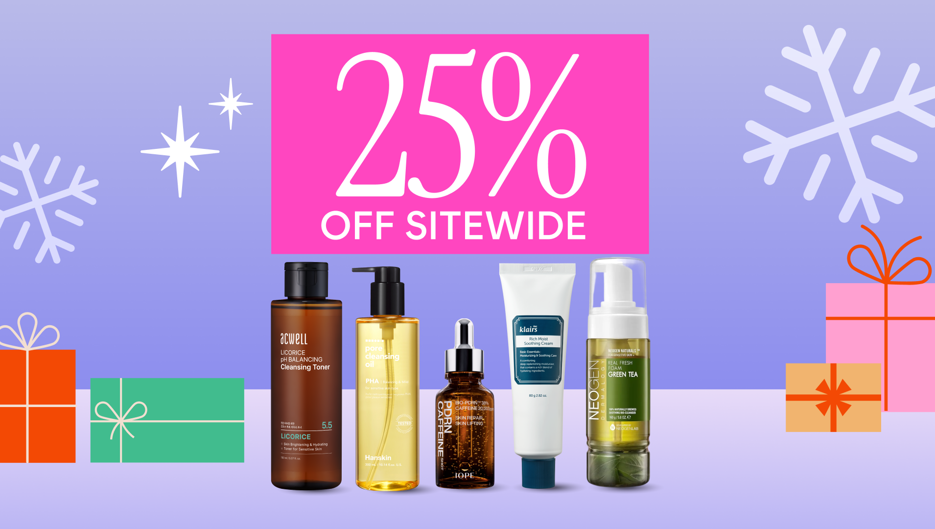 25% off sitewide banner with Korean beauty skincare products standing in front