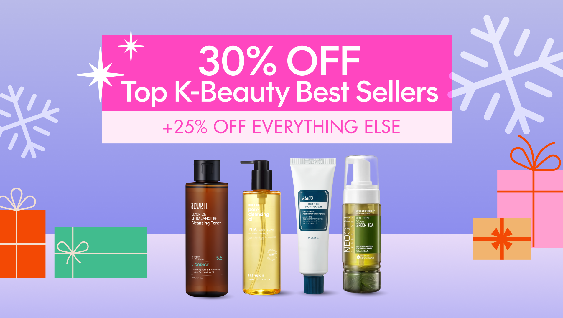 Promotional banner for K-Beauty products with discounts on a purple background