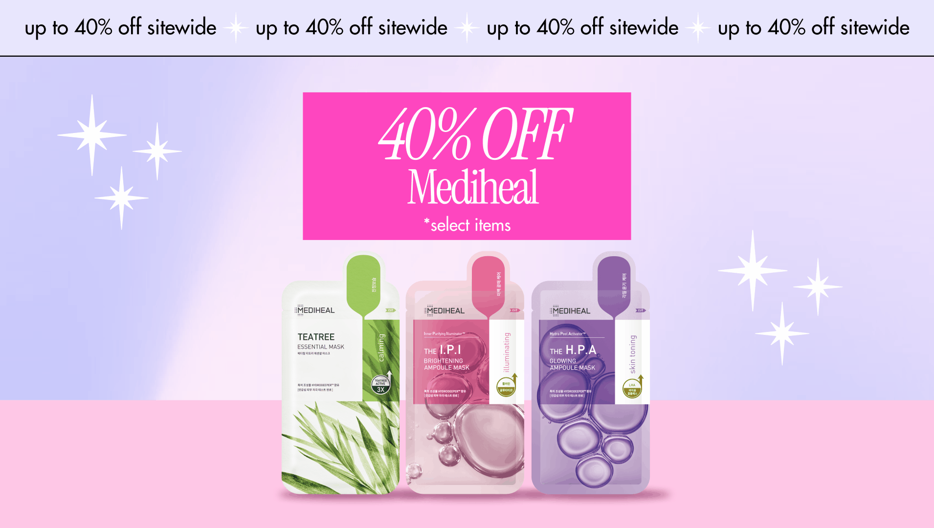 Gif of 40% off K-beauty products including, haruharu wonder, mediheal, cosrx, and may coop products