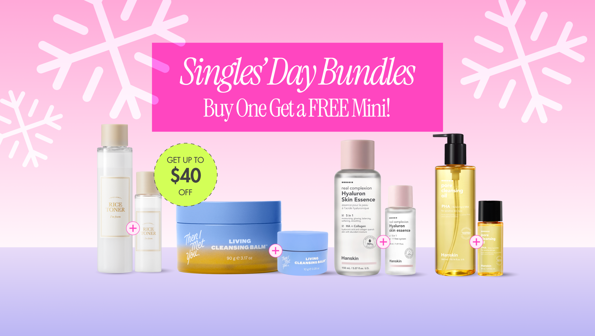 Image of Korean beauty skincare sets featuring full size and mini products on a pink background