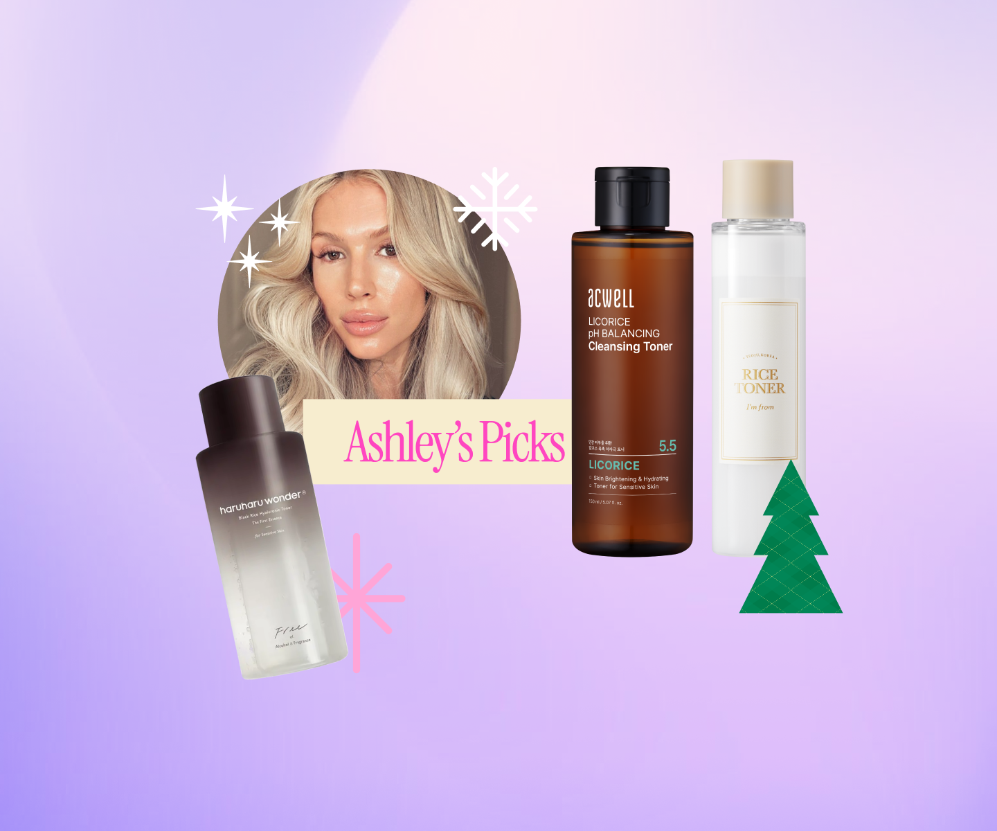 Ashley Mixon's holiday k-beauty picks featuring Acwell Licorice Toner I'm From Rice Toner and Haruharu Wonder Black Rice Toner