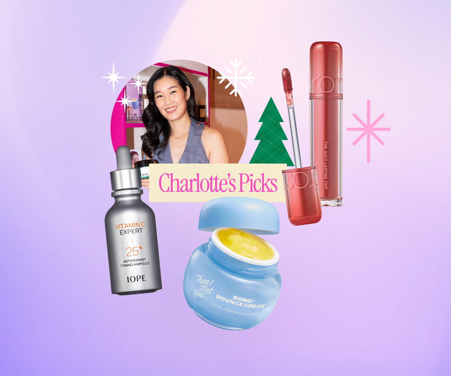 Soko Glam co founder Charlotte Cho's holiday k-beauty picks featuring Romand juicy lasting tint, IOPE vitamin c, and Then I Met You Bong Cream