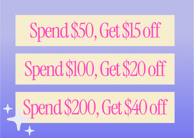 Promotional text for site wide coupon $15 off $50, $20 off $100, $40 off $200