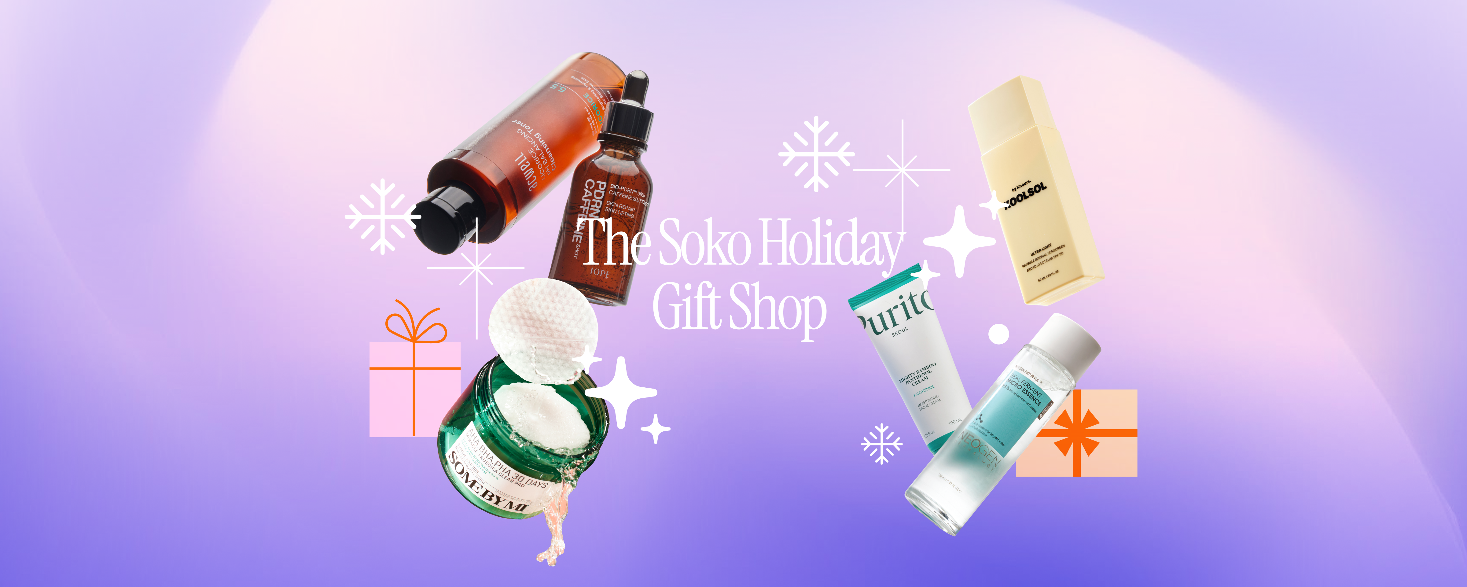 Korean skincare products with 'The Soko Holiday Gift Shop' branding on a purple background featuring k-beauty toners, sunscreens, moisturizers, toner pads, PDRN serums