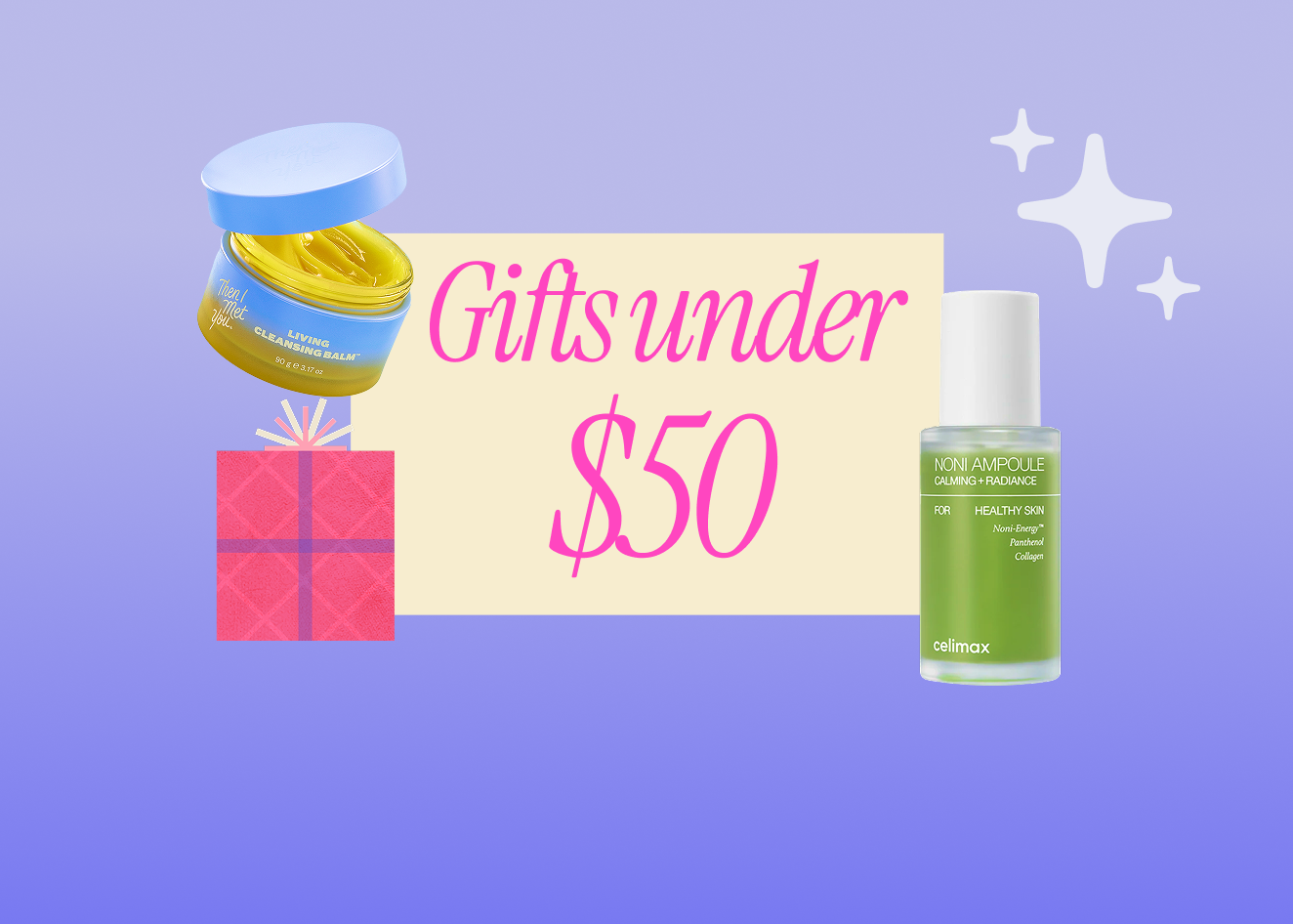 Promotional graphic for gifts under $50 with skincare products on a purple background for k-beauty holiday gifting 