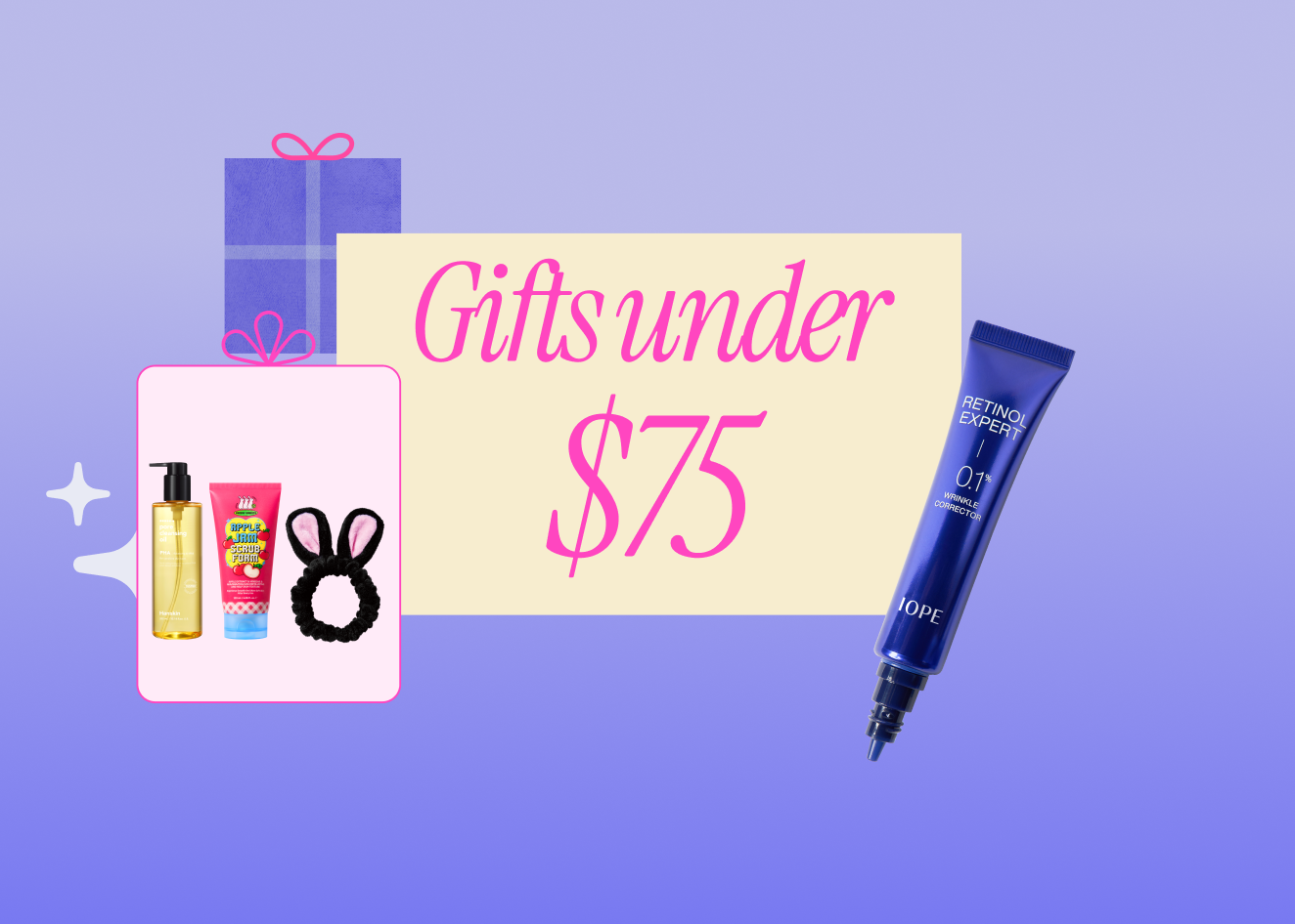 Promotional graphic with beauty products and a sign indicating 'Gifts under $75' on a purple background for k-beauty holiday gifting 