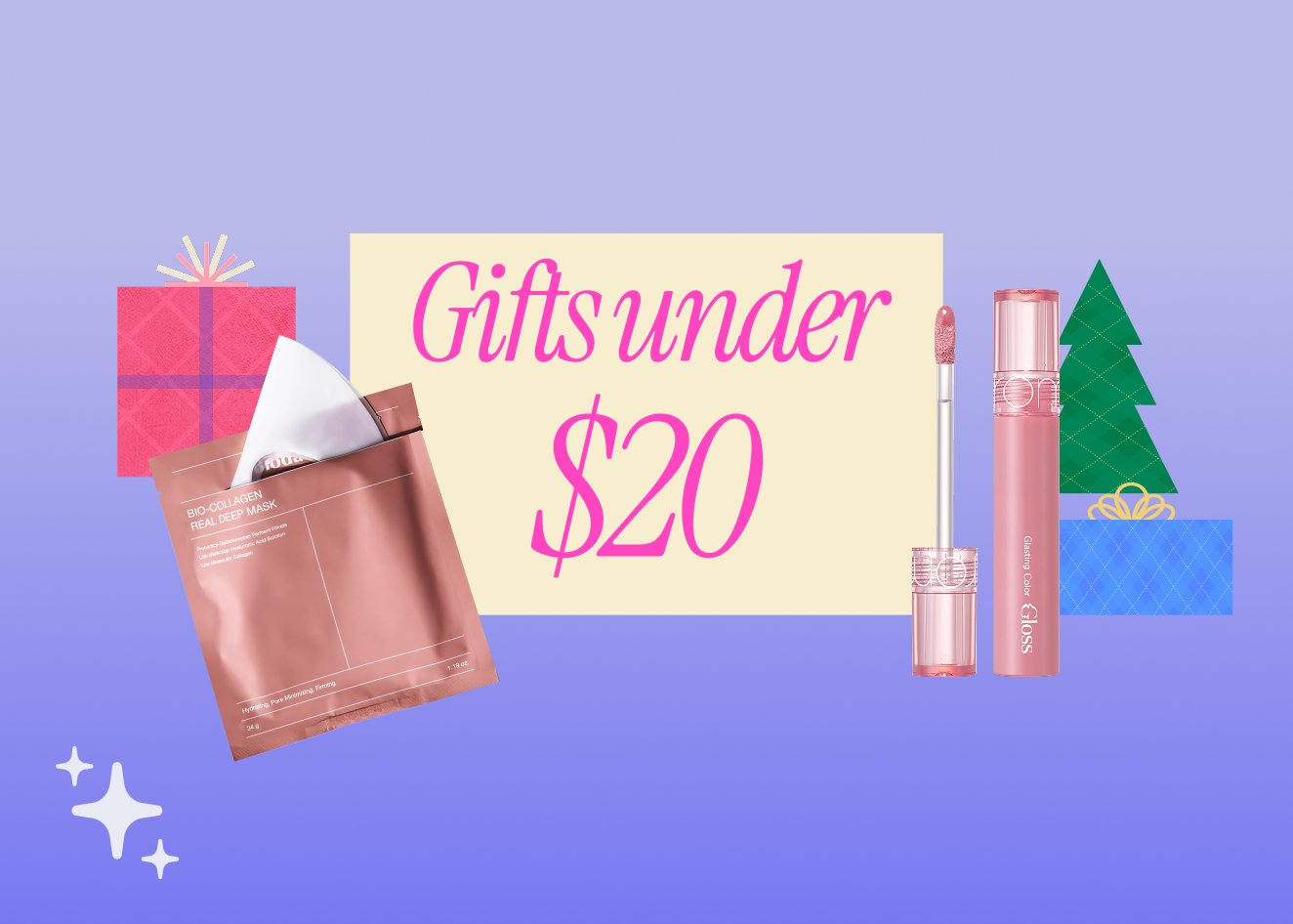 Promotional graphic with gift items and text 'Gifts under $20' on a purple background for k-beauty holiday gifting 